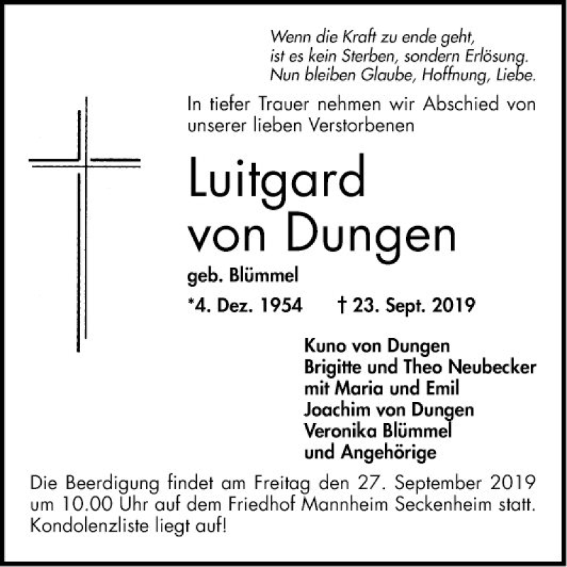  Traueranzeige für Luitgard von Dungen vom 24.09.2019 aus Mannheimer Morgen