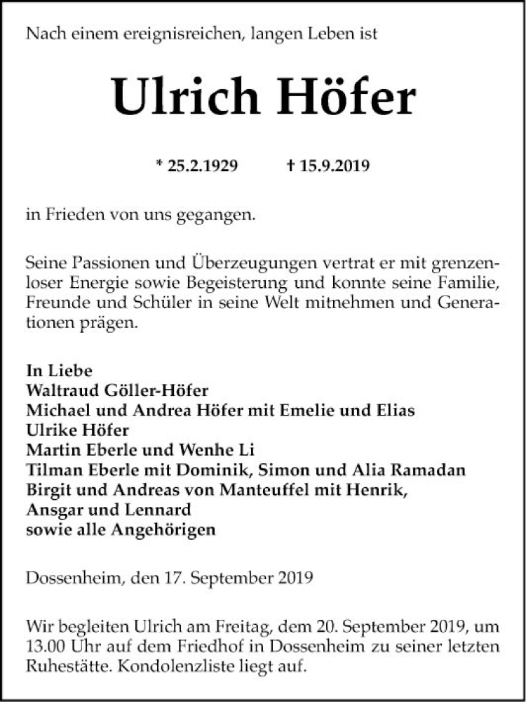  Traueranzeige für Ulrich Höfer vom 17.09.2019 aus Mannheimer Morgen
