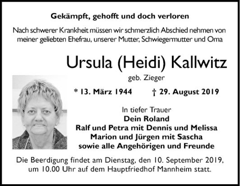  Traueranzeige für Ursula Heidi Kallwitz vom 07.09.2019 aus Mannheimer Morgen