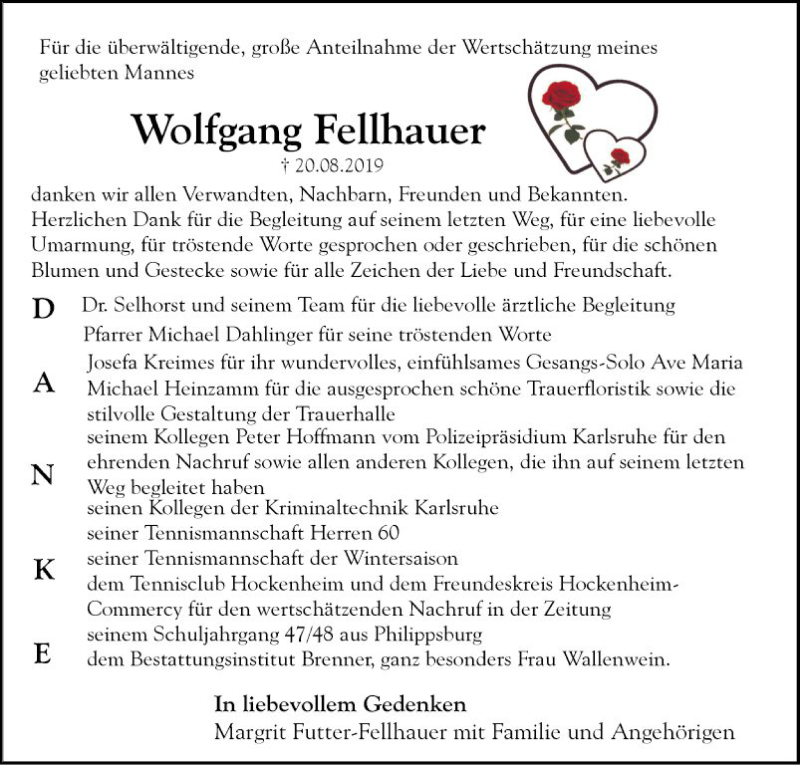  Traueranzeige für Wolfgang Fellhauer vom 07.09.2019 aus Schwetzinger Zeitung