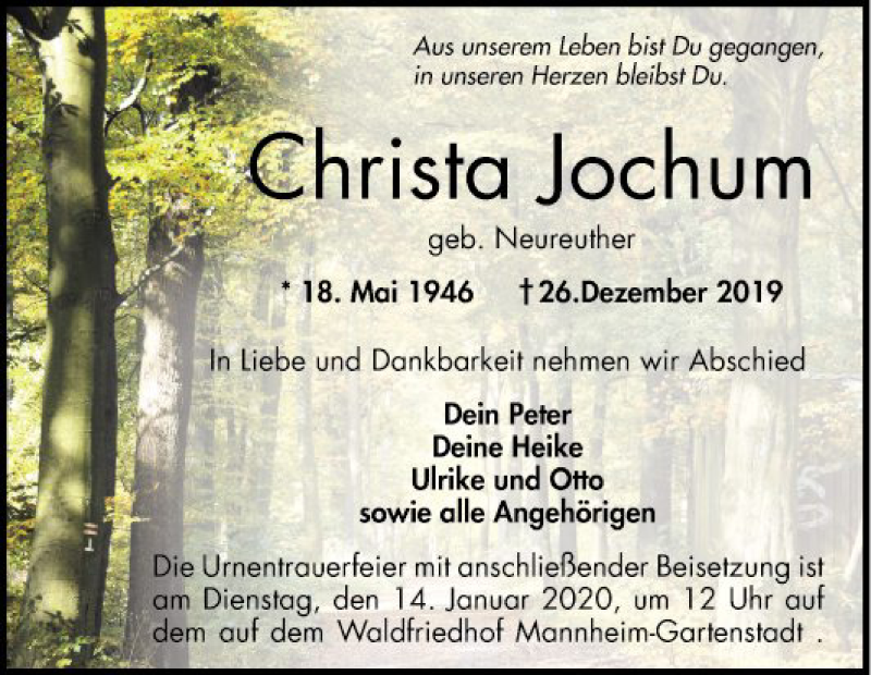  Traueranzeige für Christa Jochum vom 04.01.2020 aus Mannheimer Morgen