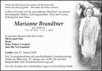 Traueranzeige von Marianne Brandtner von Fränkische Nachrichten