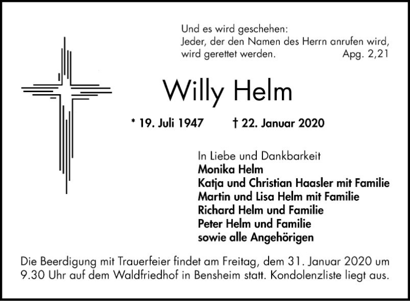 Traueranzeige für Willy Helm vom 28.01.2020 aus Bergsträßer Anzeiger