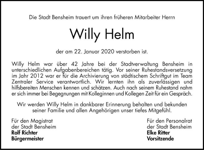  Traueranzeige für Willy Helm vom 30.01.2020 aus Bergsträßer Anzeiger