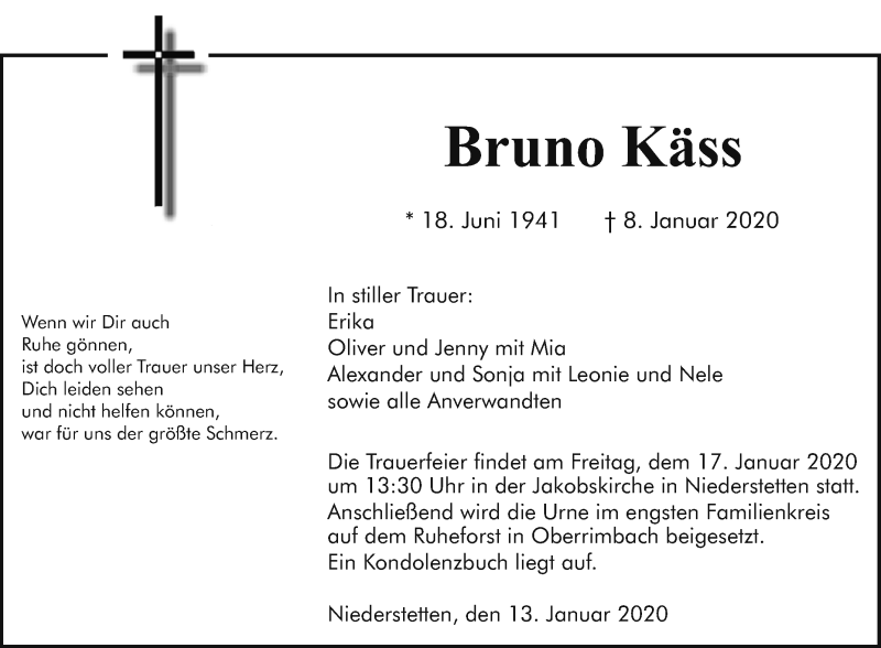  Traueranzeige für Bruno Käss vom 13.01.2020 aus 