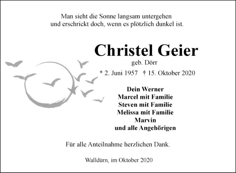  Traueranzeige für Christel Geier vom 24.10.2020 aus Fränkische Nachrichten