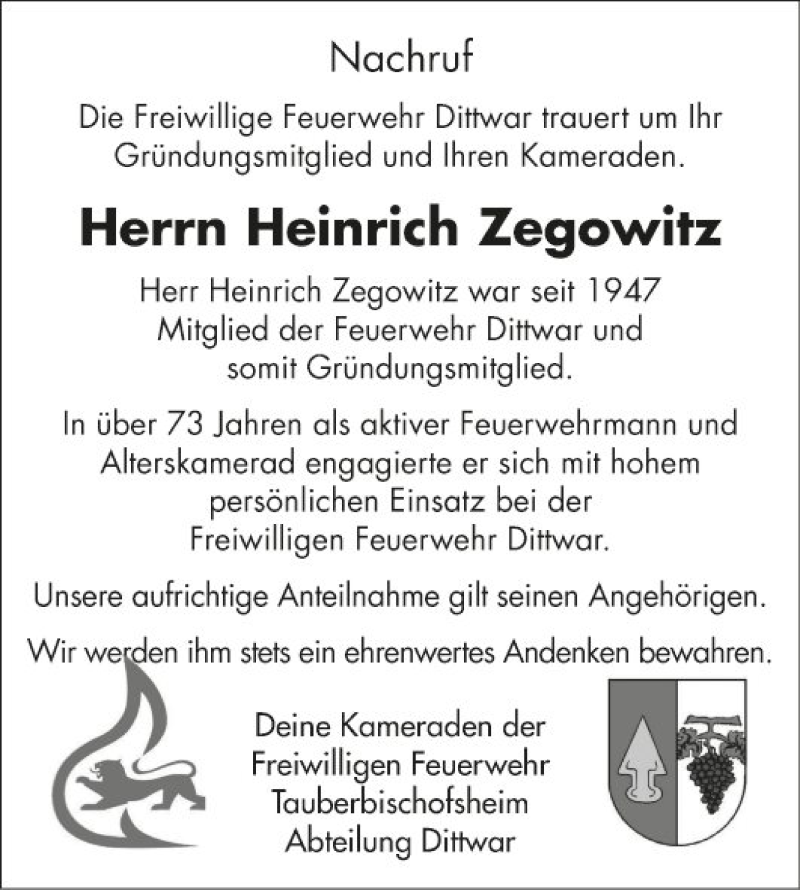  Traueranzeige für Heinrich Zegowitz vom 31.10.2020 aus Fränkische Nachrichten