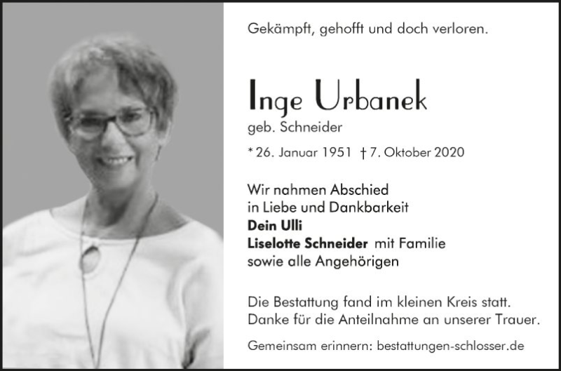  Traueranzeige für Inge Urbanek vom 17.10.2020 aus Mannheimer Morgen