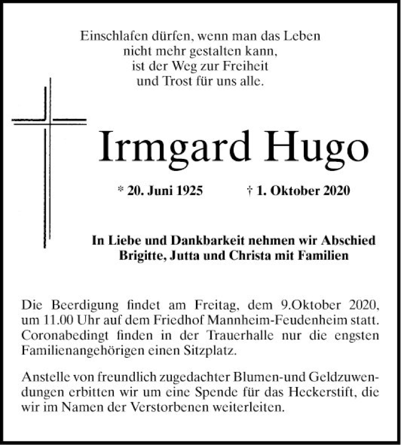  Traueranzeige für Irmgard Hugo vom 02.10.2020 aus Mannheimer Morgen