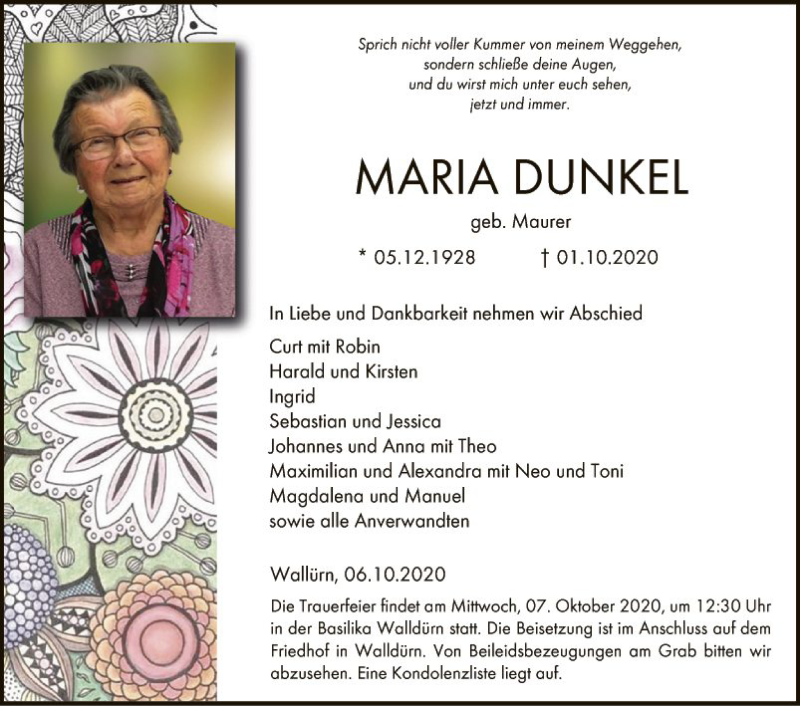  Traueranzeige für Maria Dunkel vom 06.10.2020 aus Fränkische Nachrichten