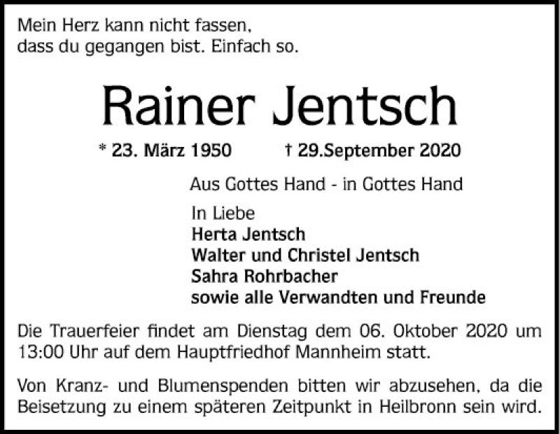  Traueranzeige für Rainer Jentsch vom 05.10.2020 aus Mannheimer Morgen