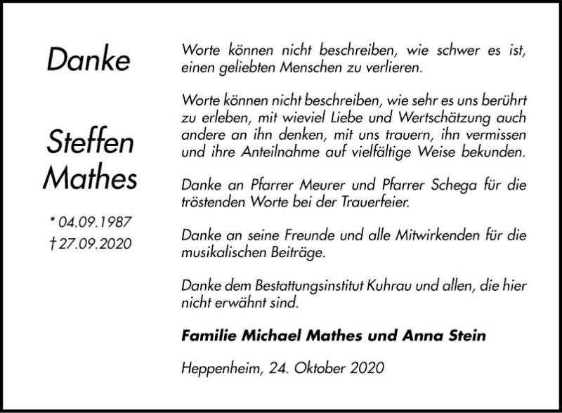  Traueranzeige für Steffen Mathes vom 24.10.2020 aus Bergsträßer Anzeiger