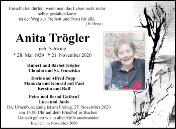 Traueranzeige von Anita Trögler von Fränkische Nachrichten