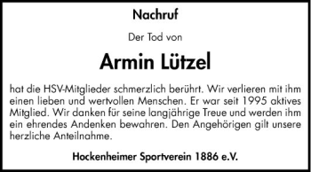 Traueranzeige von Armin Lützel von Schwetzinger Zeitung