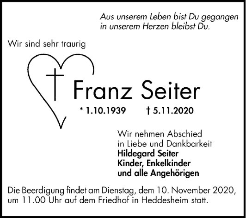  Traueranzeige für Franz Seiter vom 07.11.2020 aus Mannheimer Morgen