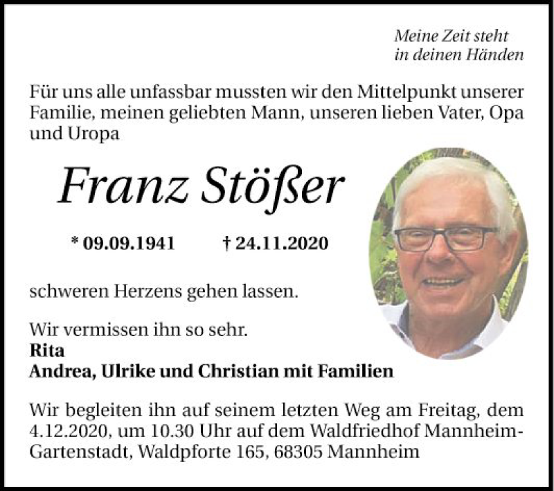  Traueranzeige für Franz Stößer vom 28.11.2020 aus Mannheimer Morgen