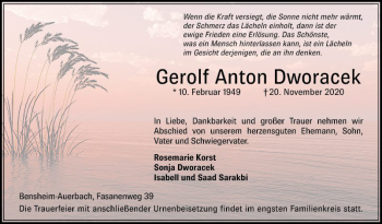 Traueranzeige von Gerolf Anton Dworacek von Bergsträßer Anzeiger
