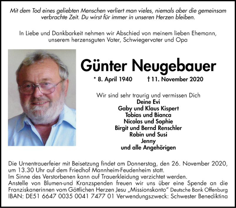  Traueranzeige für Günter Neugebauer vom 14.11.2020 aus Mannheimer Morgen