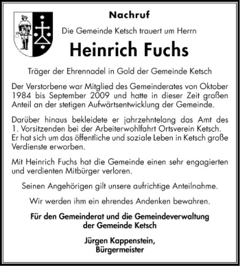 Traueranzeige von Heinrich Fuchs von Schwetzinger Zeitung