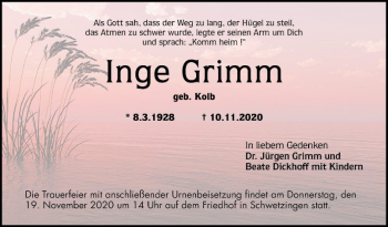 Traueranzeige von Inge Grimm von Schwetzinger Zeitung