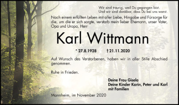Traueranzeige von Karl Wittmann von Mannheimer Morgen