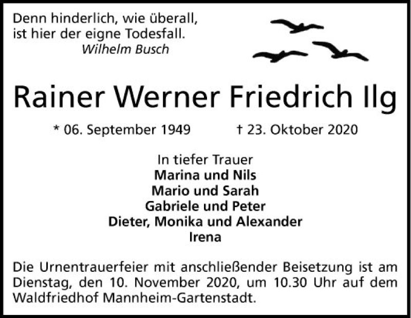  Traueranzeige für Rainer Werner Friedrich Ilg vom 07.11.2020 aus Mannheimer Morgen