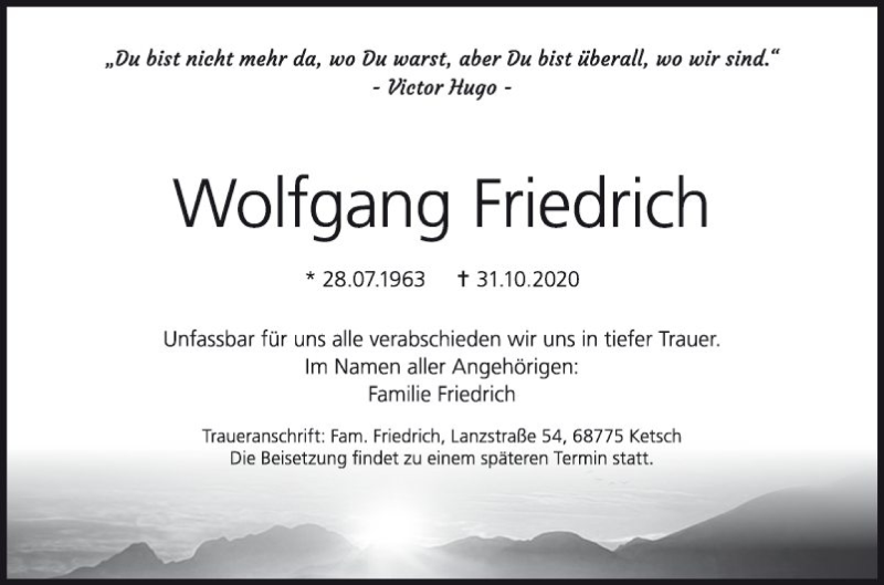  Traueranzeige für Wolfgang Friedrich vom 07.11.2020 aus Schwetzinger Zeitung