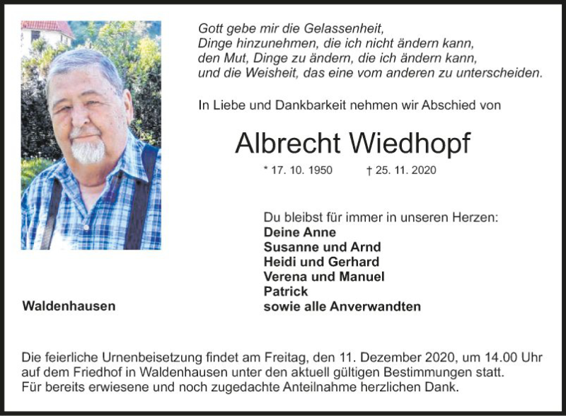  Traueranzeige für Albrecht Wiedhopf vom 05.12.2020 aus Fränkische Nachrichten