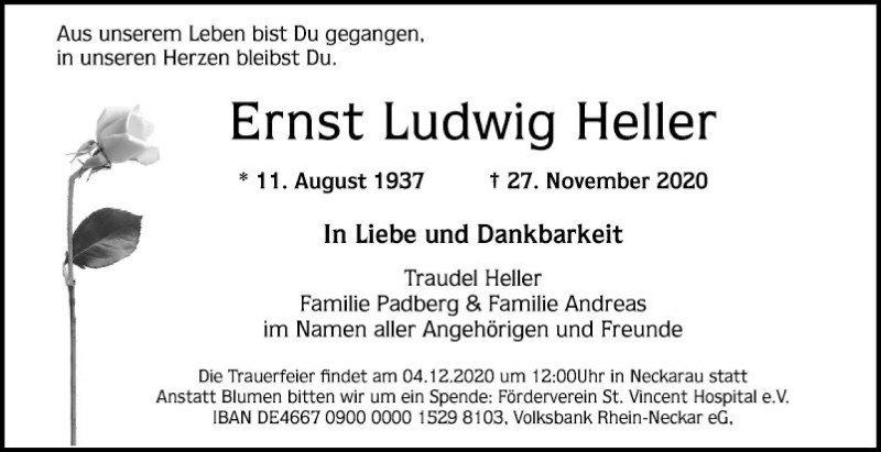  Traueranzeige für Ernst Ludwig Heller vom 02.12.2020 aus Mannheimer Morgen