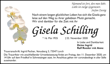 Traueranzeige von Gisela Schilling von Schwetzinger Zeitung