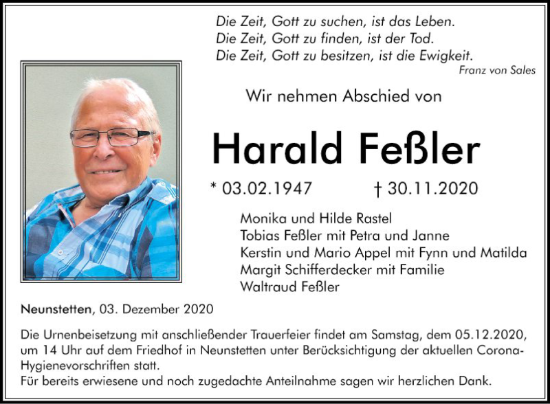  Traueranzeige für Harald Feßler vom 03.12.2020 aus Fränkische Nachrichten