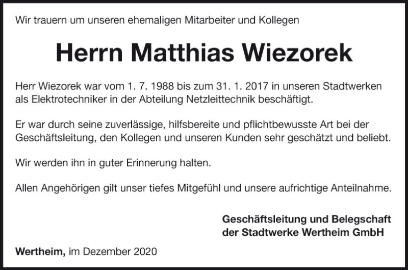  Traueranzeige für Matthias Wiezorek vom 02.12.2020 aus Fränkische Nachrichten