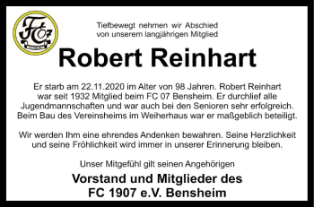 Traueranzeige von Robert Reinhart von Bergsträßer Anzeiger