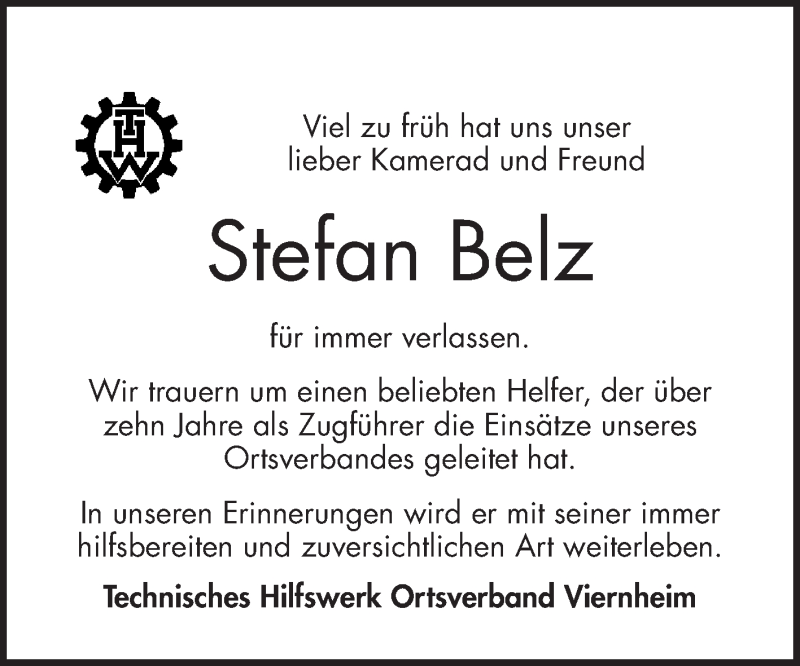  Traueranzeige für Stefan Belz vom 10.02.2020 aus Mannheimer Morgen