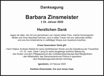 Traueranzeige von Barbara Zinsmeister von Fränkische Nachrichten