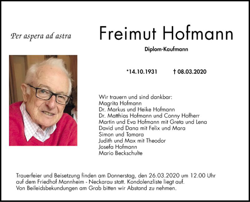  Traueranzeige für Freimut Hofmann vom 14.03.2020 aus Mannheimer Morgen