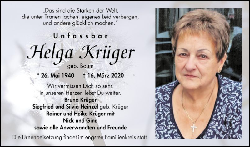  Traueranzeige für Helga Krüger vom 25.03.2020 aus Mannheimer Morgen