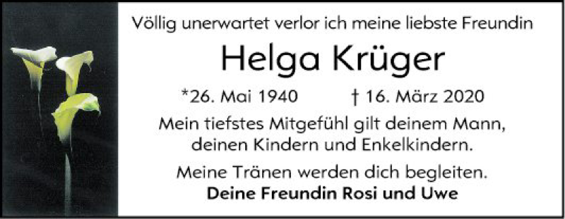  Traueranzeige für Helga Krüger vom 25.03.2020 aus Mannheimer Morgen