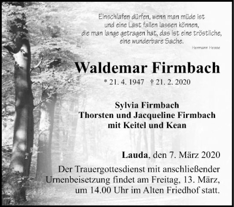  Traueranzeige für Waldemar Firmbach vom 07.03.2020 aus Fränkische Nachrichten
