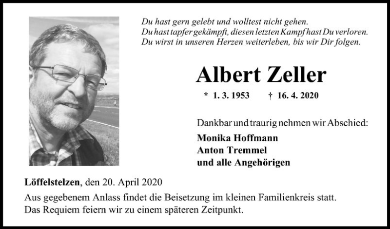  Traueranzeige für Albert Zeller vom 20.04.2020 aus Fränkische Nachrichten