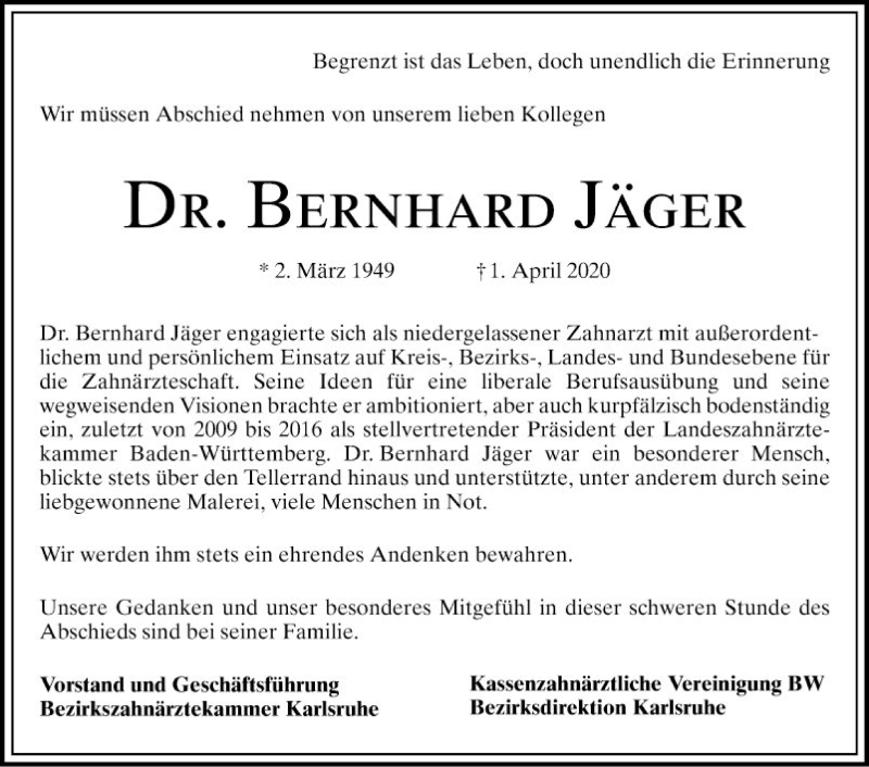  Traueranzeige für Bernhard Jäger vom 11.04.2020 aus Schwetzinger Zeitung