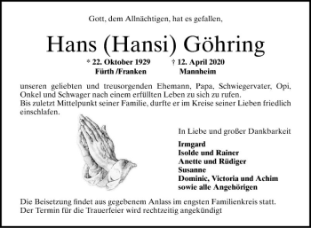 Traueranzeige von Hans  Göhring von Mannheimer Morgen