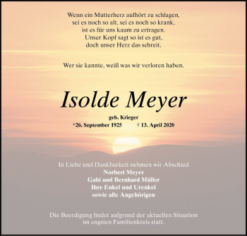 Traueranzeige von Isolde Meyer von Schwetzinger Zeitung