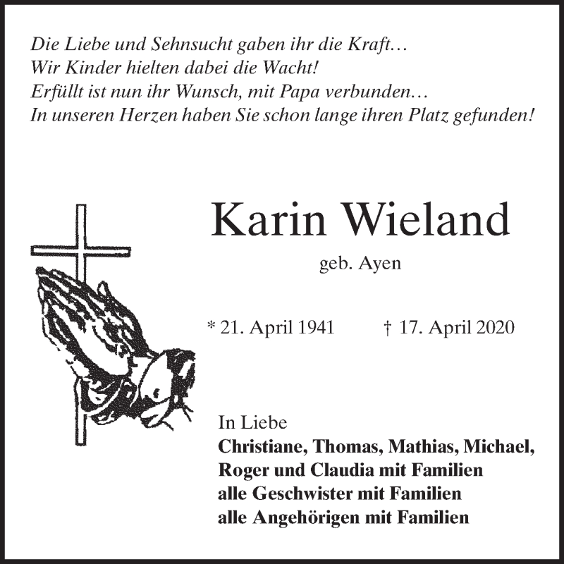  Traueranzeige für Karin Wieland vom 28.04.2020 aus Mannheimer Morgen