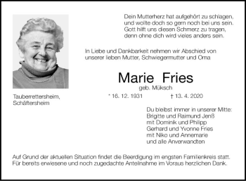 Traueranzeige von Marie Fries von Fränkische Nachrichten