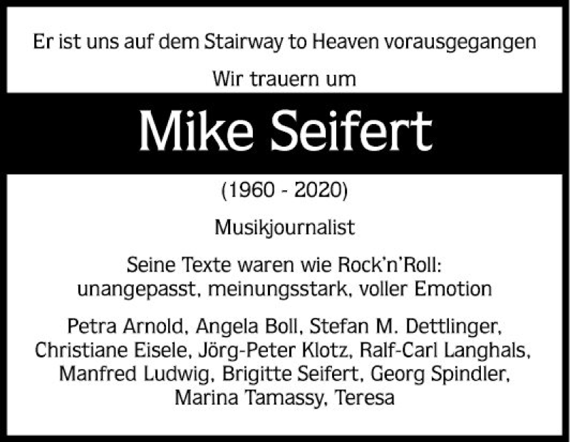  Traueranzeige für Mike Seifert vom 04.04.2020 aus Mannheimer Morgen