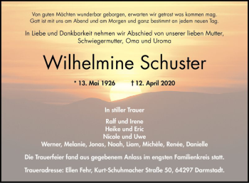 Traueranzeige von Wilhelmine Schuster von Bergsträßer Anzeiger
