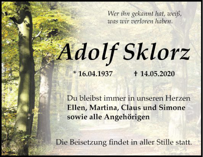  Traueranzeige für Adolf Sklorz vom 23.05.2020 aus Mannheimer Morgen