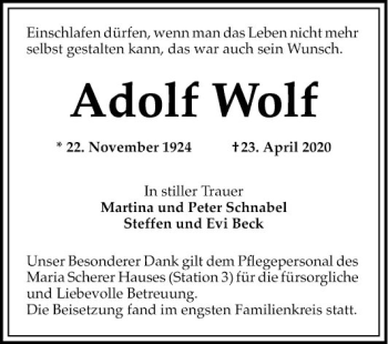 Traueranzeige von Adolf Wolf von Mannheimer Morgen