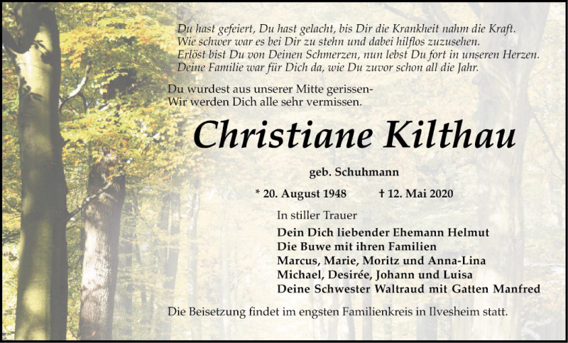 Traueranzeige für Christiane Kilthau vom 23.05.2020 aus Mannheimer Morgen